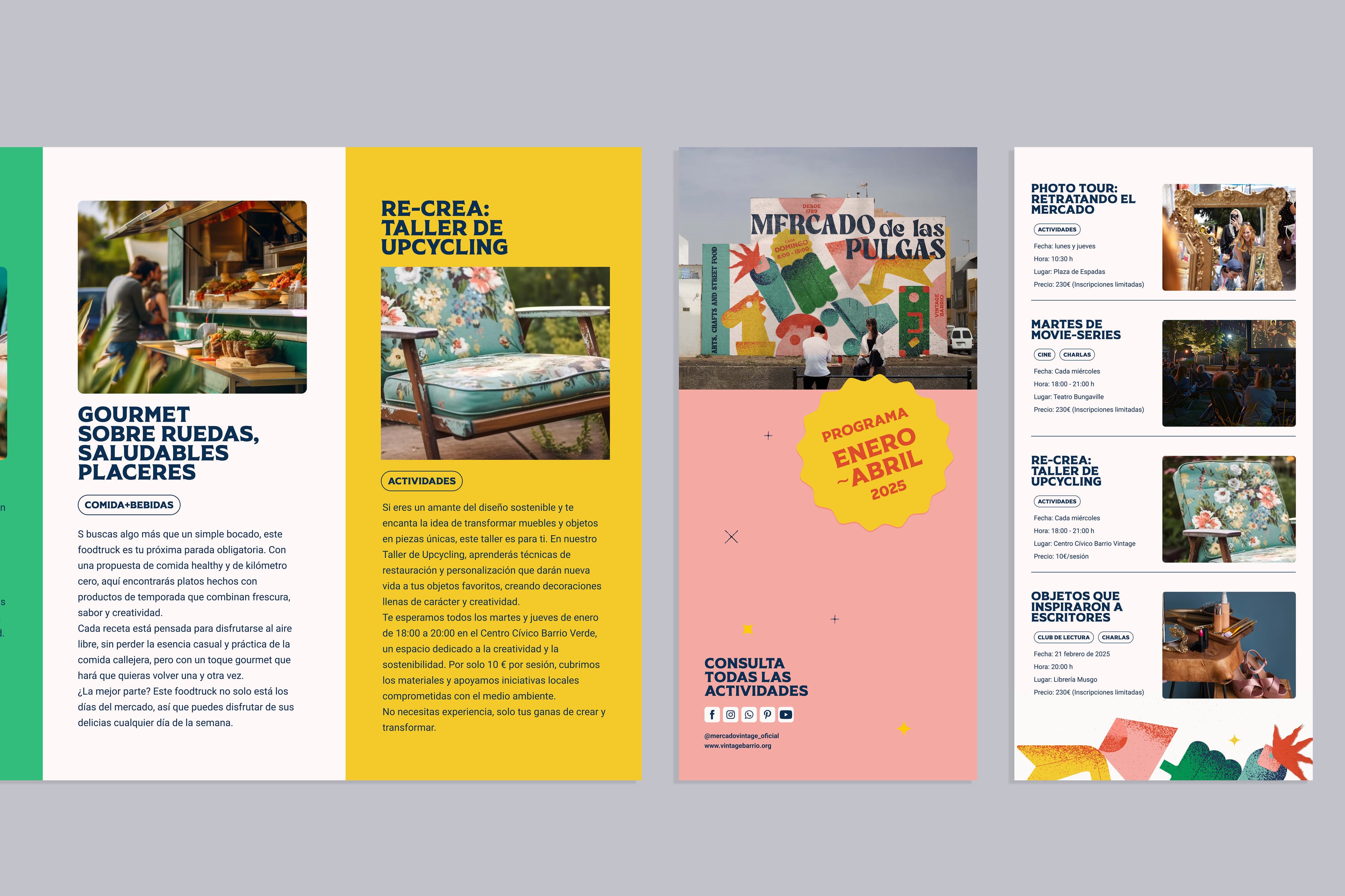 Folleto colorido sobre el 'Mercado de las Pulgas' con información de actividades y eventos. Incluye secciones sobre food trucks, talleres de upcycling, cine, tours fotográficos y clubes de lectura. Contiene imágenes ilustrativas y un diseño dinámico con colores vibrantes.