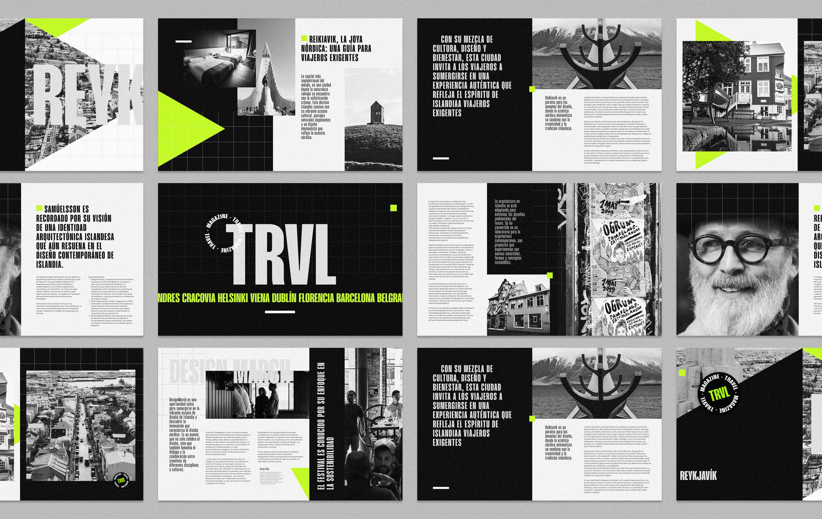 Conjunto de páginas de la revista de viajes TRLV. Eejmplo de maquetación con un diseño moderno y urbano. Usa fotografías en blanco y negro, tipografía en negrita y detalles en verde neón. El contenido habla en torno a Reykjavik